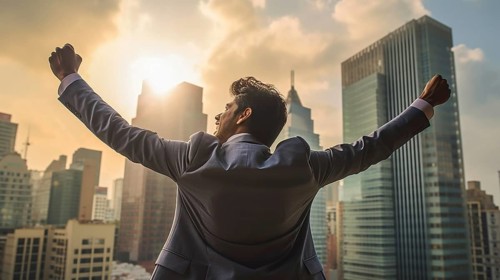 Excited businessman celebrates with his fists in the air with the city in the background