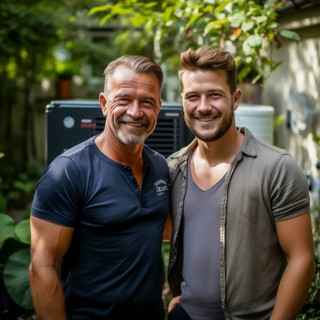 Cheerful homeowner and engineer rejoice in installing new heating system