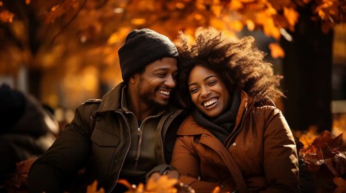 Happy warmly dressed young loving african american couple laugh as they enjoy the beautiful fall leaves in the park