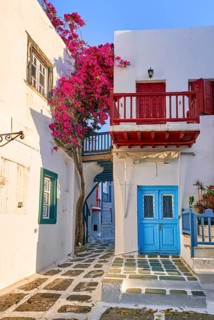 Charming traditional narrow streets and beautiful alleyways of Greek island towns. Bougainvillea
