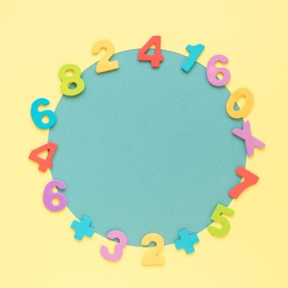 Colourful math numbers frame surrounding blue circular shape