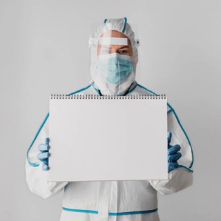 Front view doctor holding blank notebook