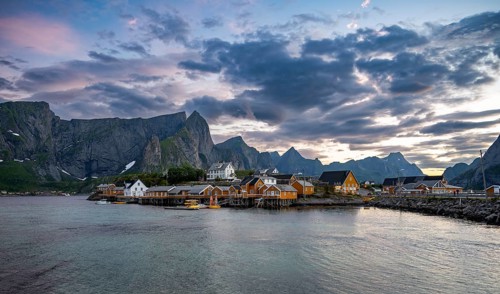 Traditional yellow rorbuer cabins on Sakrisoya Island