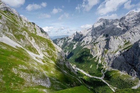 View of Hoellental and rocky mountain landscape with Jubilaeumsgrat