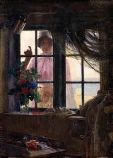During bath time. A Young Girl Knocks on the Window of a Fisherman's House