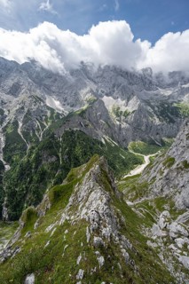 View into the Hoellental on cloudy rocky mountain landscape with Jubilaeumsgrat