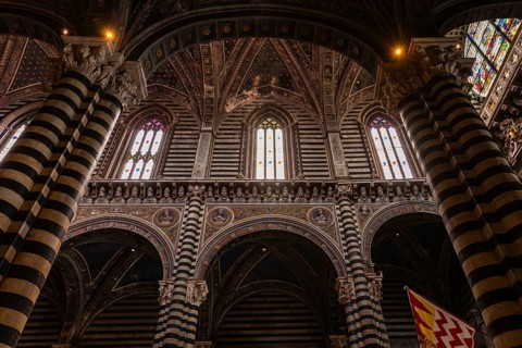 Black and white striped marble columns in the cathedral