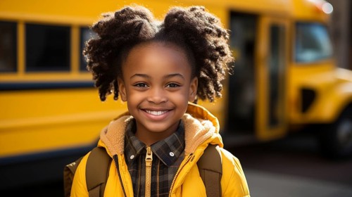 Adorable smiling african american school girl dressed warmly outside near the school bus