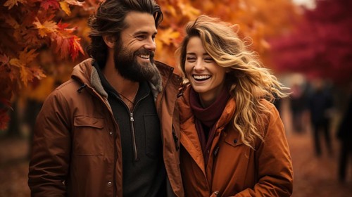 Warmly dressed young loving couple laugh as they enjoy the beautiful fall leaves in the park