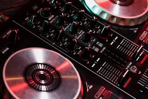 High angle dj control panel close up
