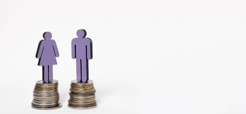 Man woman standing piles coins