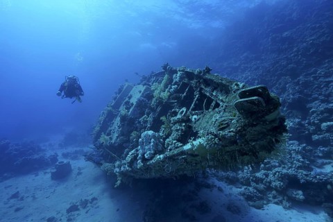 Wreck of sailboat overgrown with corals