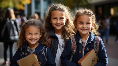 Happy and excited young children students walking on the campus of their school