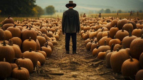Mysterious man figure wearing hat standing aimless amidst hundreds of large pumpkins in the foggy field