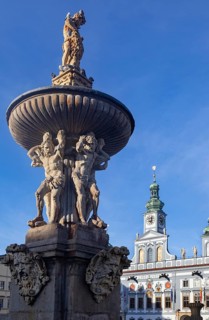 Town Hall and Samson Fountain at Premysl Otakar II Square in the historic old town of Ceske Budejovice
