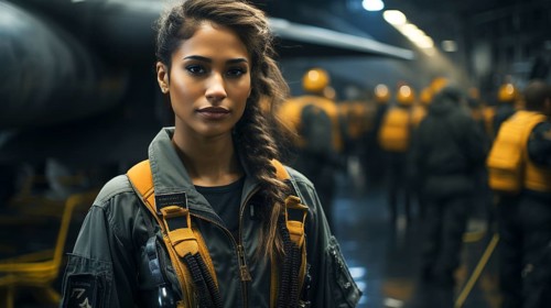 Female african american fighter pilot soldier stands outside her fighter jet