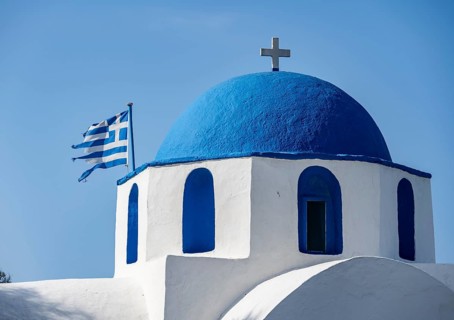 Dome of the white and blue Greek Orthodox Church of St Nicholas Thalassitis