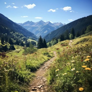 Mountain landscape with a green meadow and lots of flowers