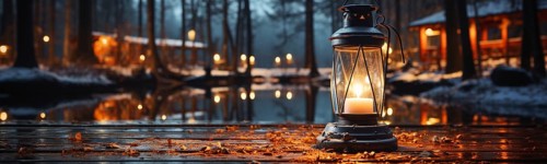 Warm and inviting lit vintage lantern resting on wood planks base outdoors in a winter lake cabin setting. generative AI