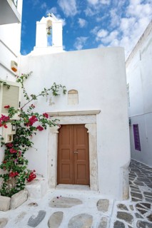White Greek Orthodox Church with Bougainvillea