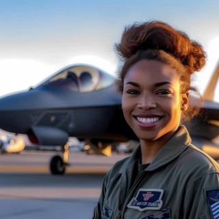 Proud young pilot stands in front of her F 35 fighter plane