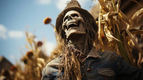 Frightening halloween skeleton headed figure and body outdoors in the country