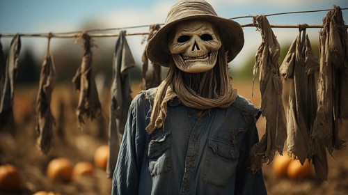 Frightening halloween skeleton headed figure and body outdoors in the country