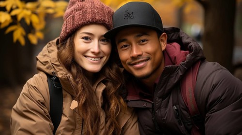 Happy warmly dressed young loving multi-ethnic couple enjoy the beautiful fall leaves in the park