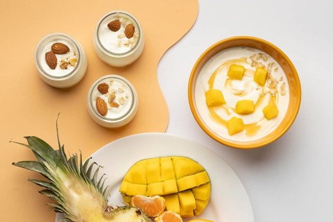 Flat lay arrangement delicious breakfast meal with yogurt