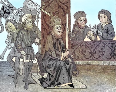 Burgrave Frederick kneeling in front of the Emperor and holding the feudal flag which has just been preserved