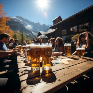 Beer and snacks in an alpine hut in the mountains