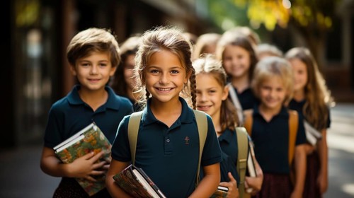 Happy and excited young children students walking on the campus of their school