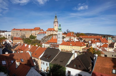 View of the historic old town of Krumlov with Schwarzenberg Castle and St Jodokus Church