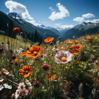 Mountain landscape with a green meadow and lots of flowers