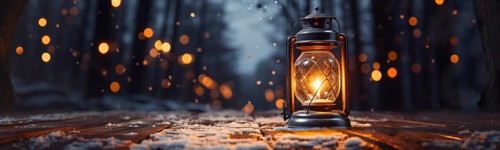 Warm and inviting lit vintage lantern resting on wood planks base outdoors in a winter setting. generative AI