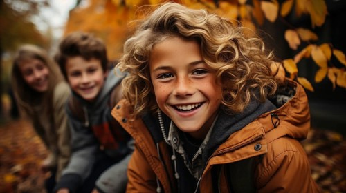 Warmly dressed children laughing enjoying the fall day