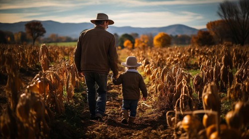 Farmer father and young son walking amidst the crops in the fall