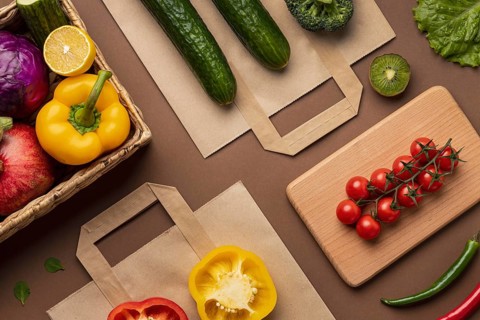 Flat lay basket organic vegetables with grocery bag