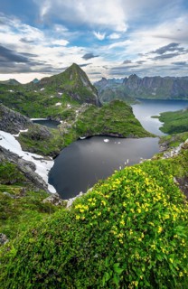 View over mountain landscape and lake Litlforsvatnet with fjord Forsfjorden