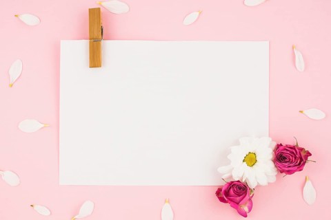 Blank white paper with clothespin flowers pink background