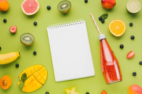 Fresh colorful flat lay with fruit juices