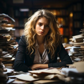 Woman in the office is overworked and has a headache