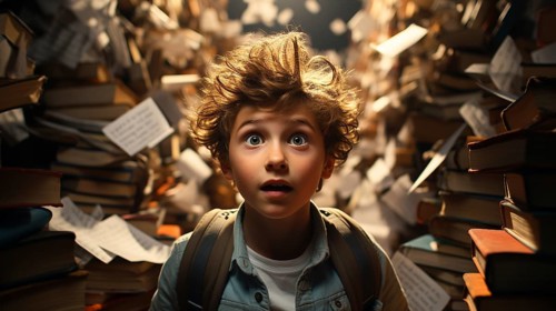 Young boy student sitting stunned and overwhelmed amidst a never ending pile of books and papers surrounding him