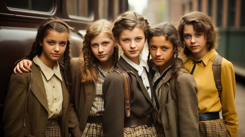 Retro style nastalgic young girls standing near the school bus
