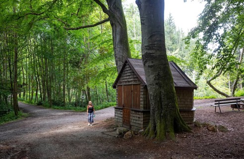 Hiker at the Way of the Cross to the Lugenz Wooden Chapel
