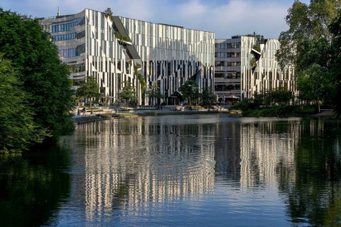 Modern architectural building blocks Koe-Bogen with reflection in Noerdliche Duessel