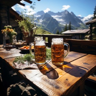 Beer and snacks in an alpine hut in the mountains