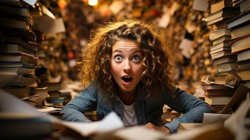 Young girl student sitting stunned and overwhelmed amidst a never ending pile of books and papers surrounding him