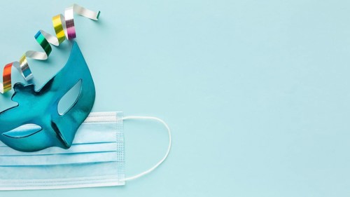 Flat lay mystery carnival blue mask medical mask