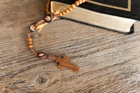 High angle cross rosary with holy book